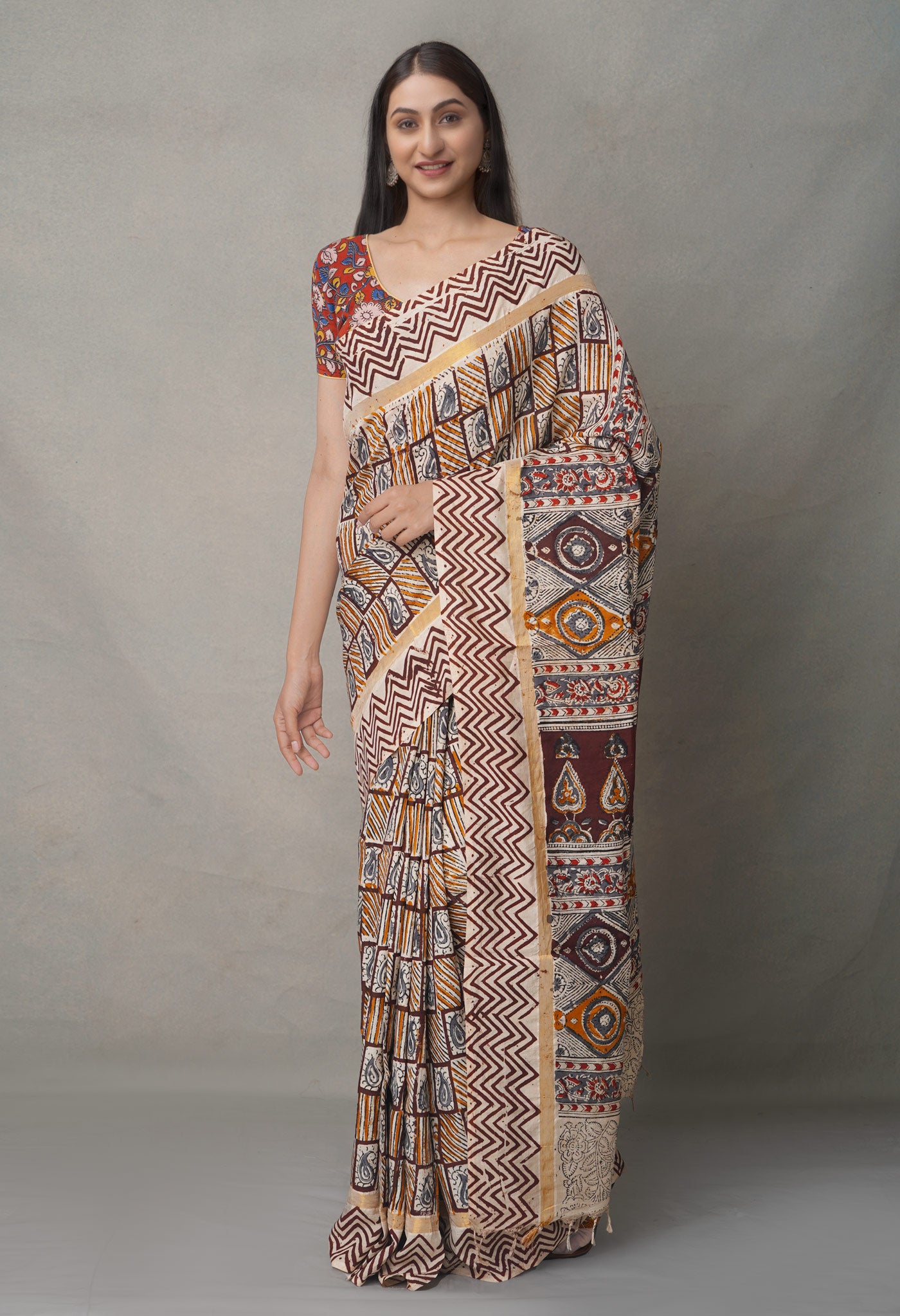 Multi Pure Kalamkari Block Printed  Silk Saree-UNM65057