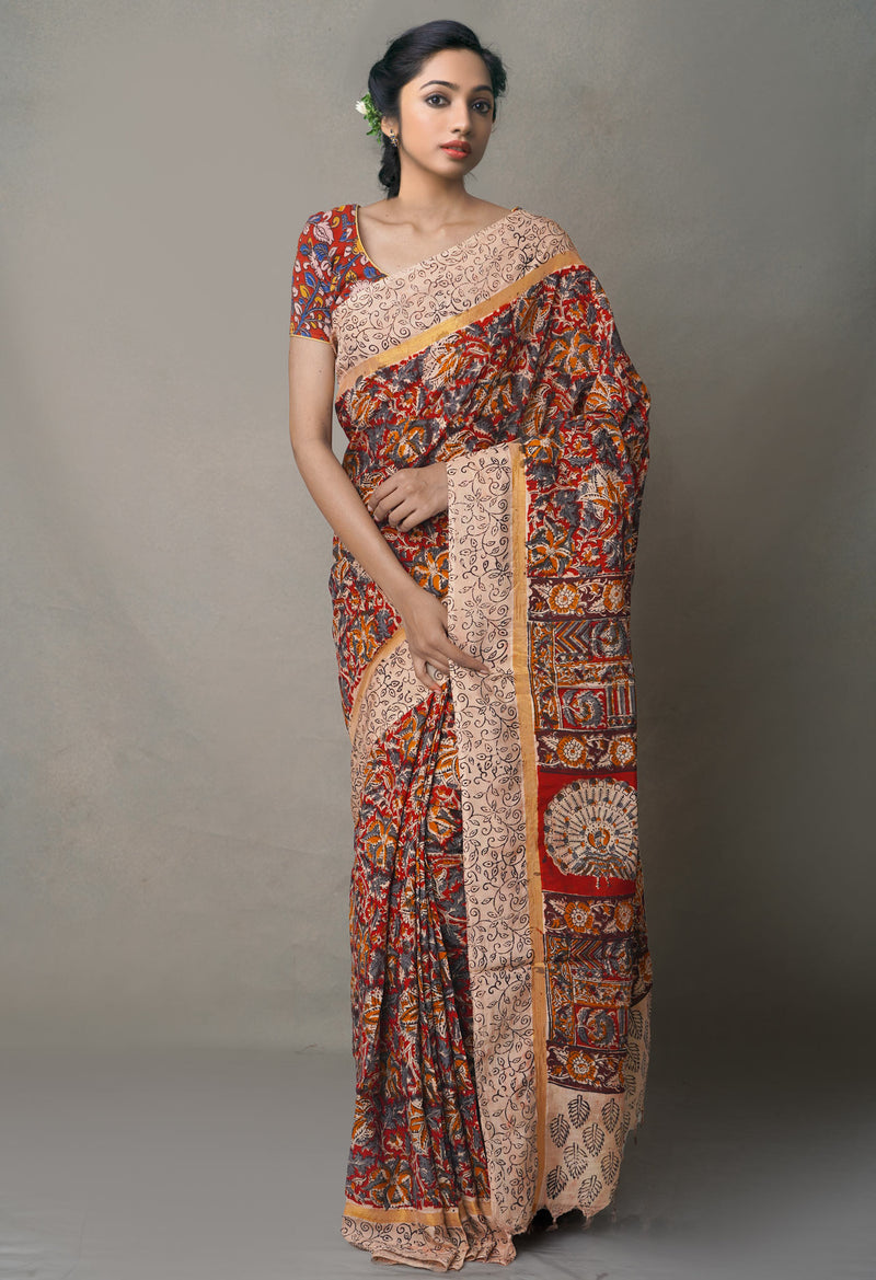 Multi Pure Kalamkari Block Printed  Silk Saree