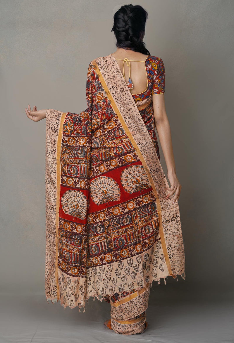 Multi Pure Kalamkari Block Printed  Silk Saree