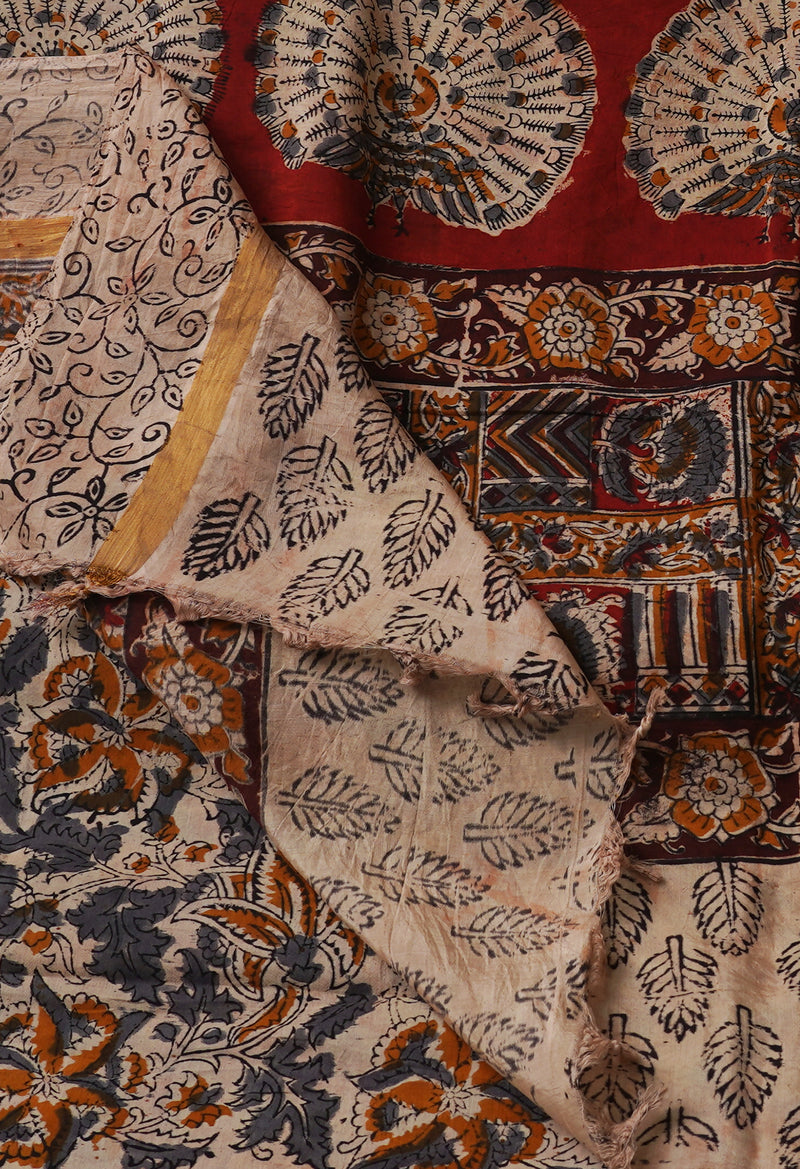 Multi Pure Kalamkari Block Printed  Silk Saree
