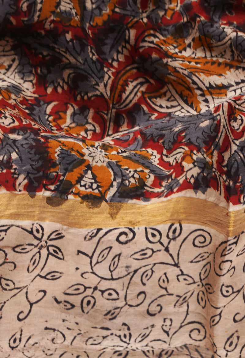 Multi Pure Kalamkari Block Printed  Silk Saree