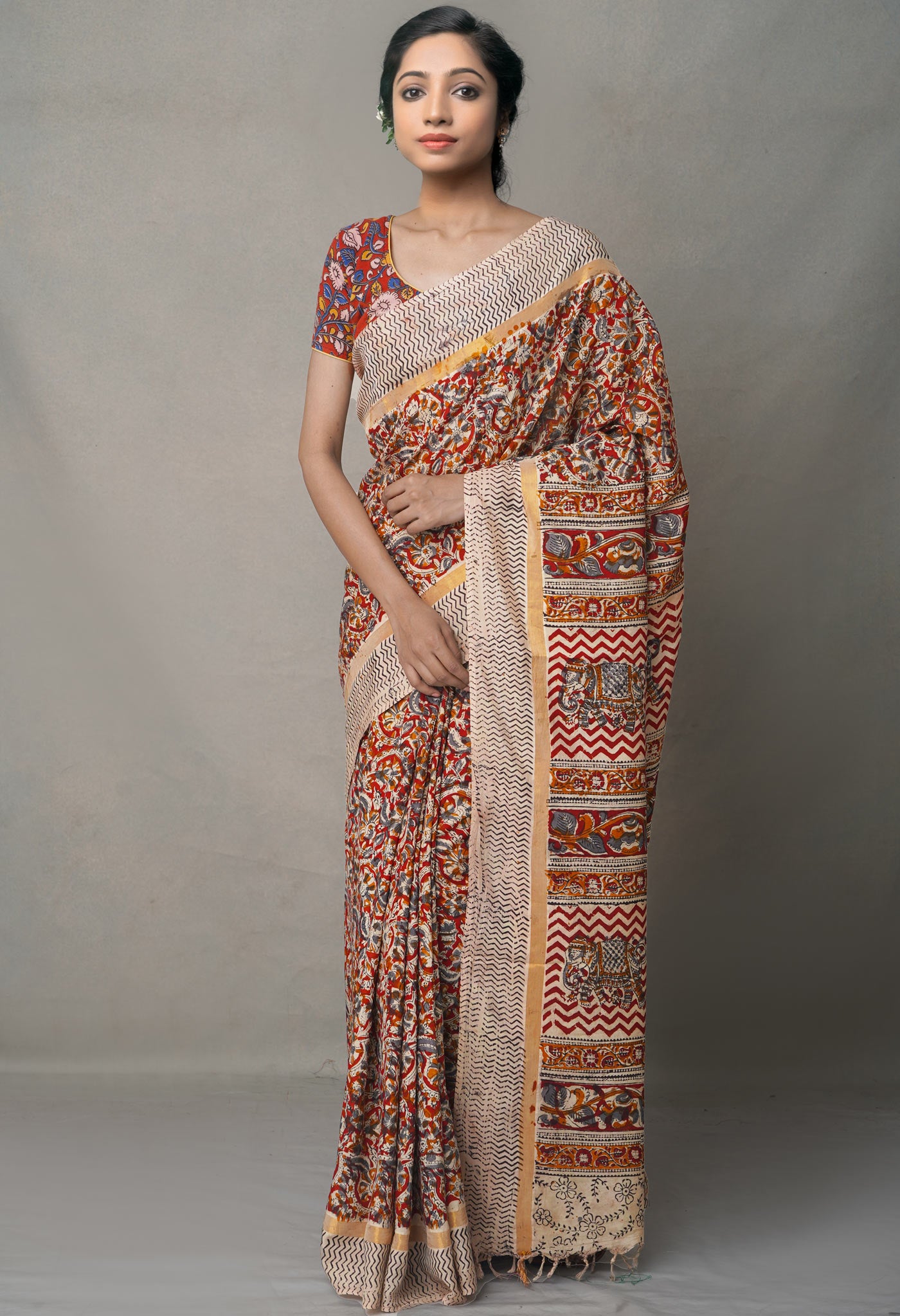 Multi Pure Kalamkari Block Printed  Silk Saree-UNM65059