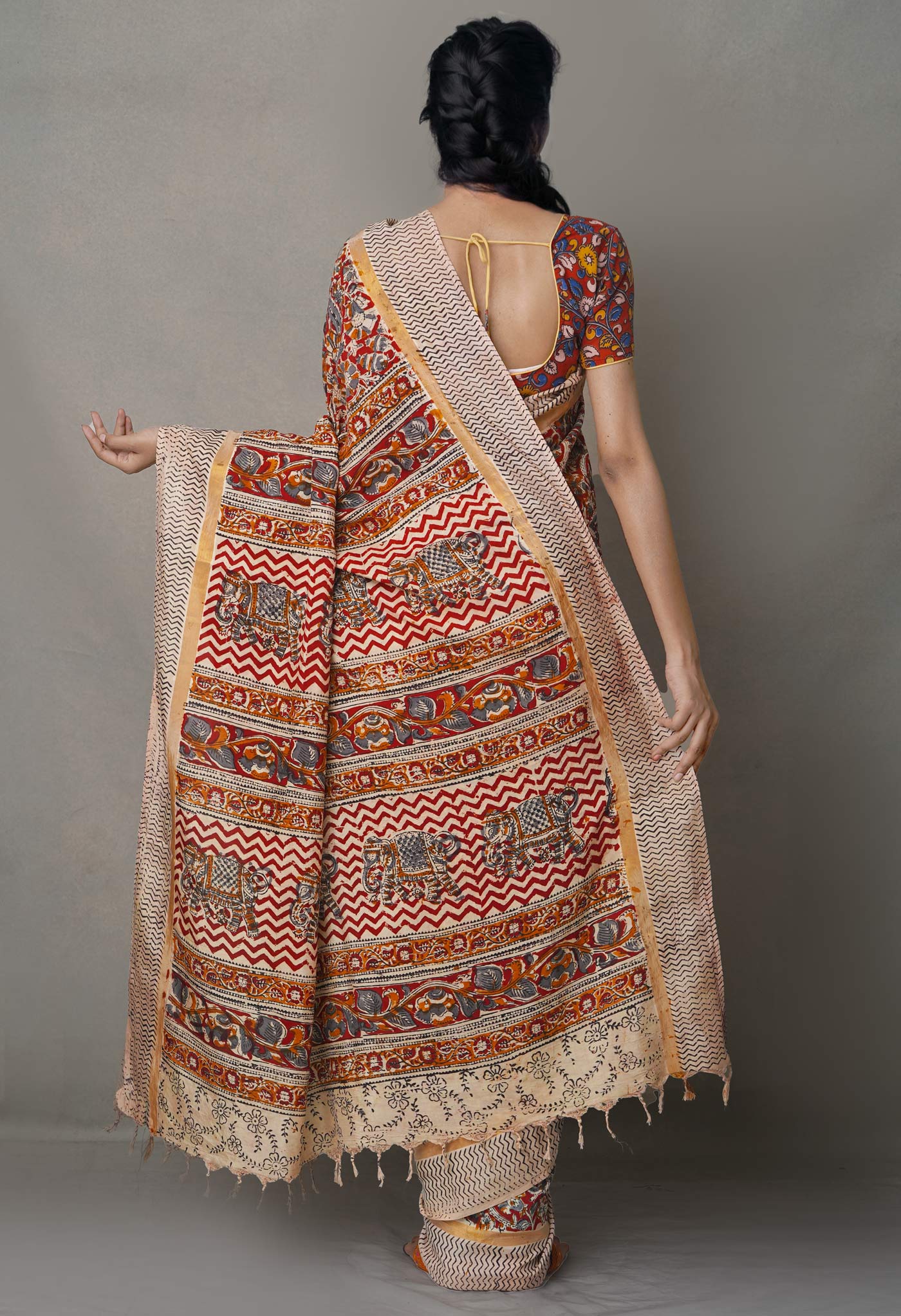Multi Pure Kalamkari Block Printed  Silk Saree-UNM65059
