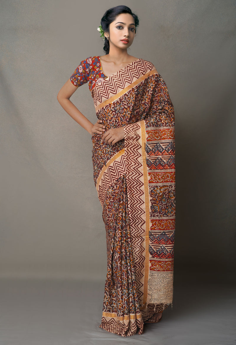 Multi Pure Kalamkari Block Printed  Silk Saree
