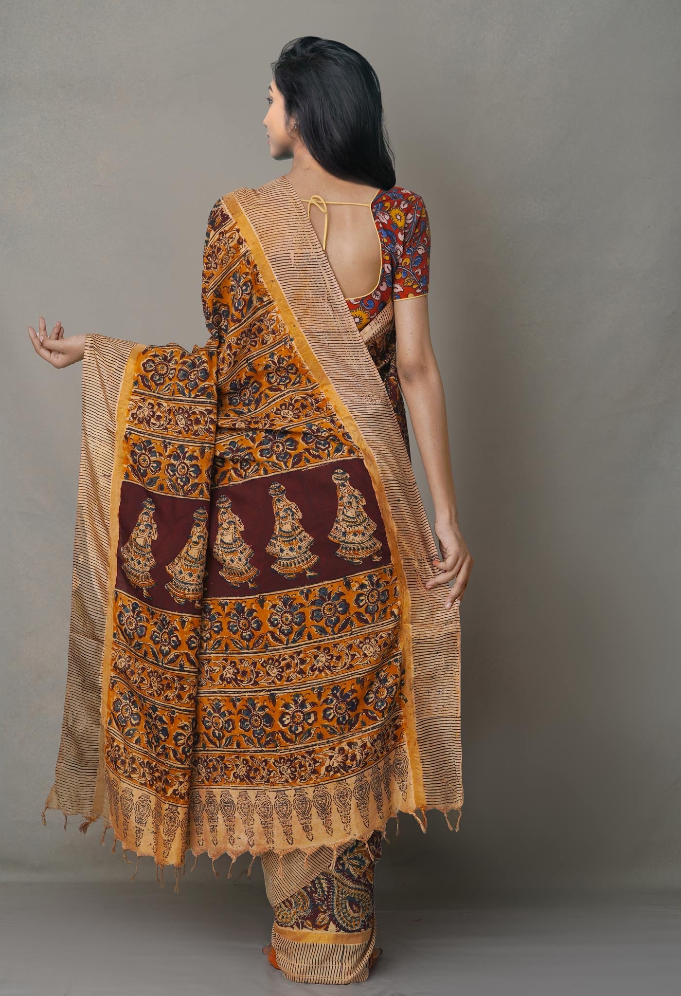 Multi Pure Kalamkari Block Printed  Silk Saree-UNM65064
