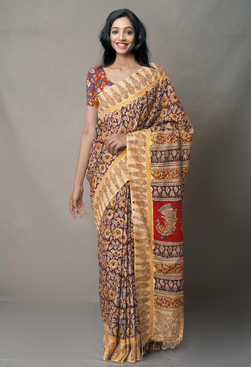 Multi Pure Kalamkari Block Printed  Silk Saree