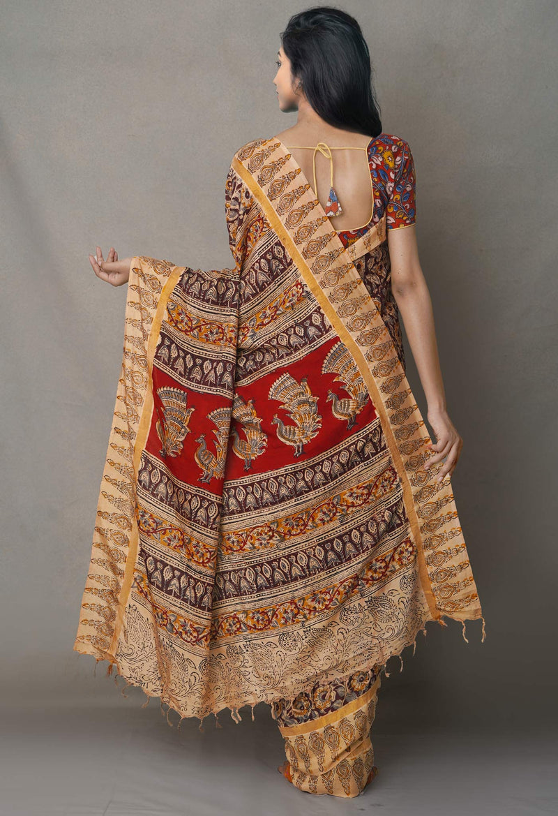 Multi Pure Kalamkari Block Printed  Silk Saree