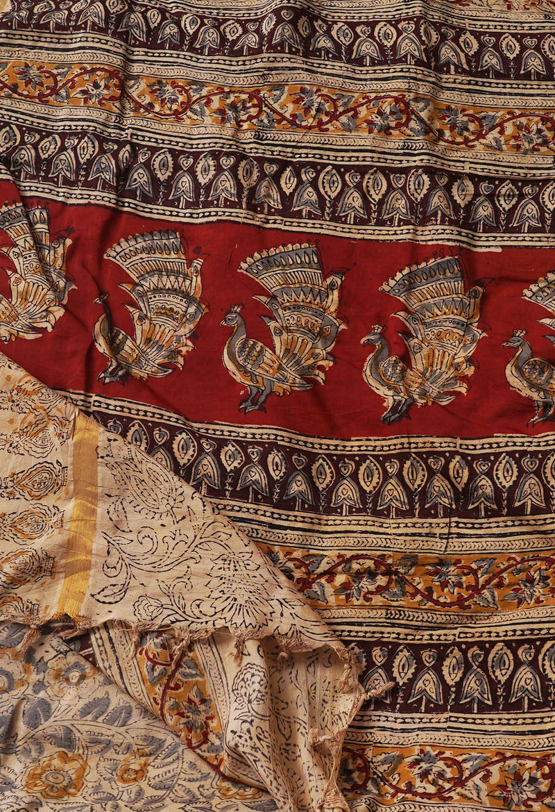 Multi Pure Kalamkari Block Printed  Silk Saree