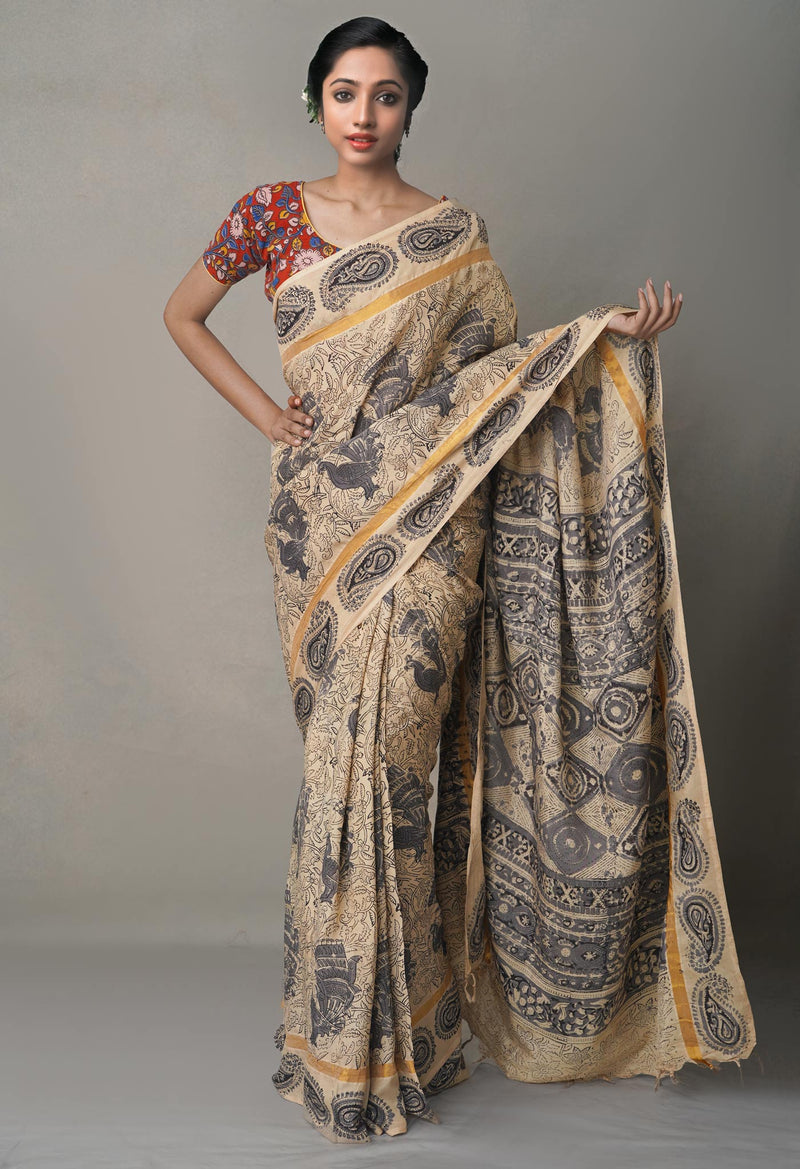 Multi Pure Kalamkari Block Printed  Silk Saree