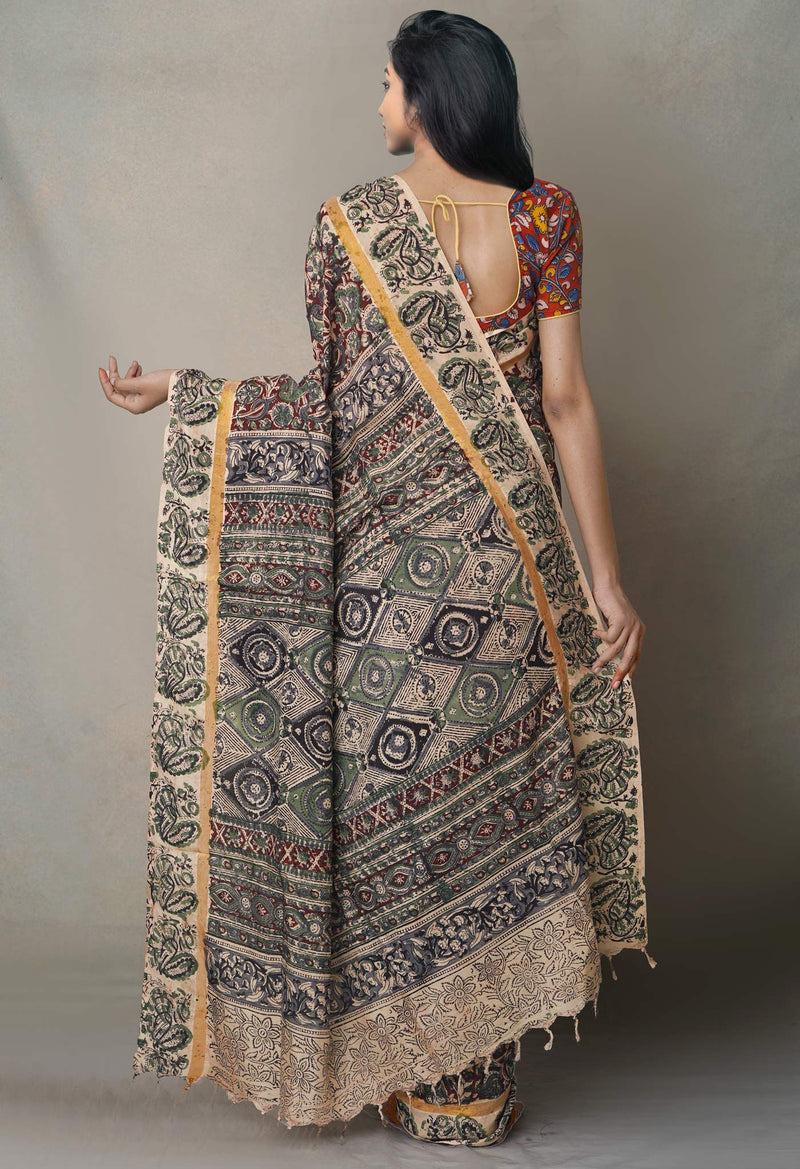 Multi Pure Kalamkari Block Printed  Silk Saree