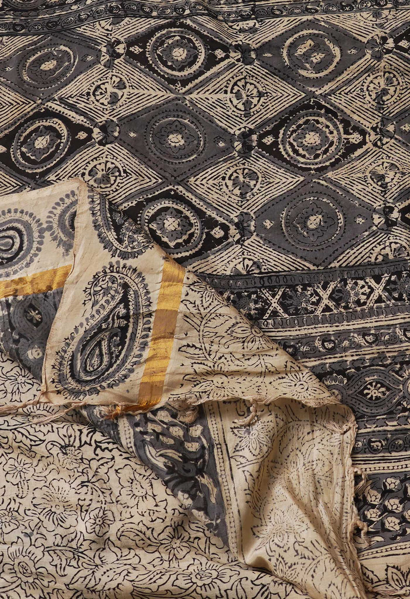 Multi Pure Kalamkari Block Printed  Silk Saree