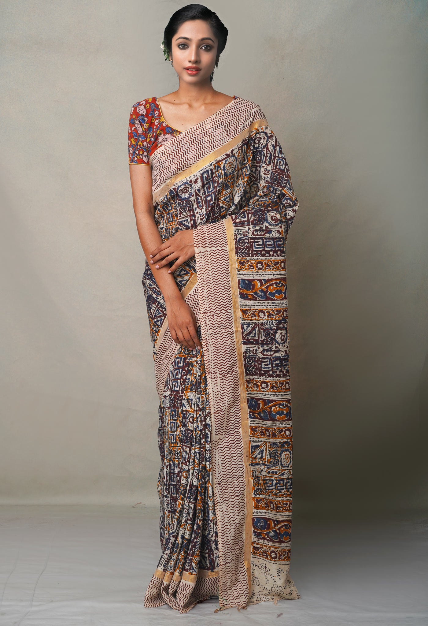 Multi Pure Kalamkari Block Printed  Silk Saree-UNM65068