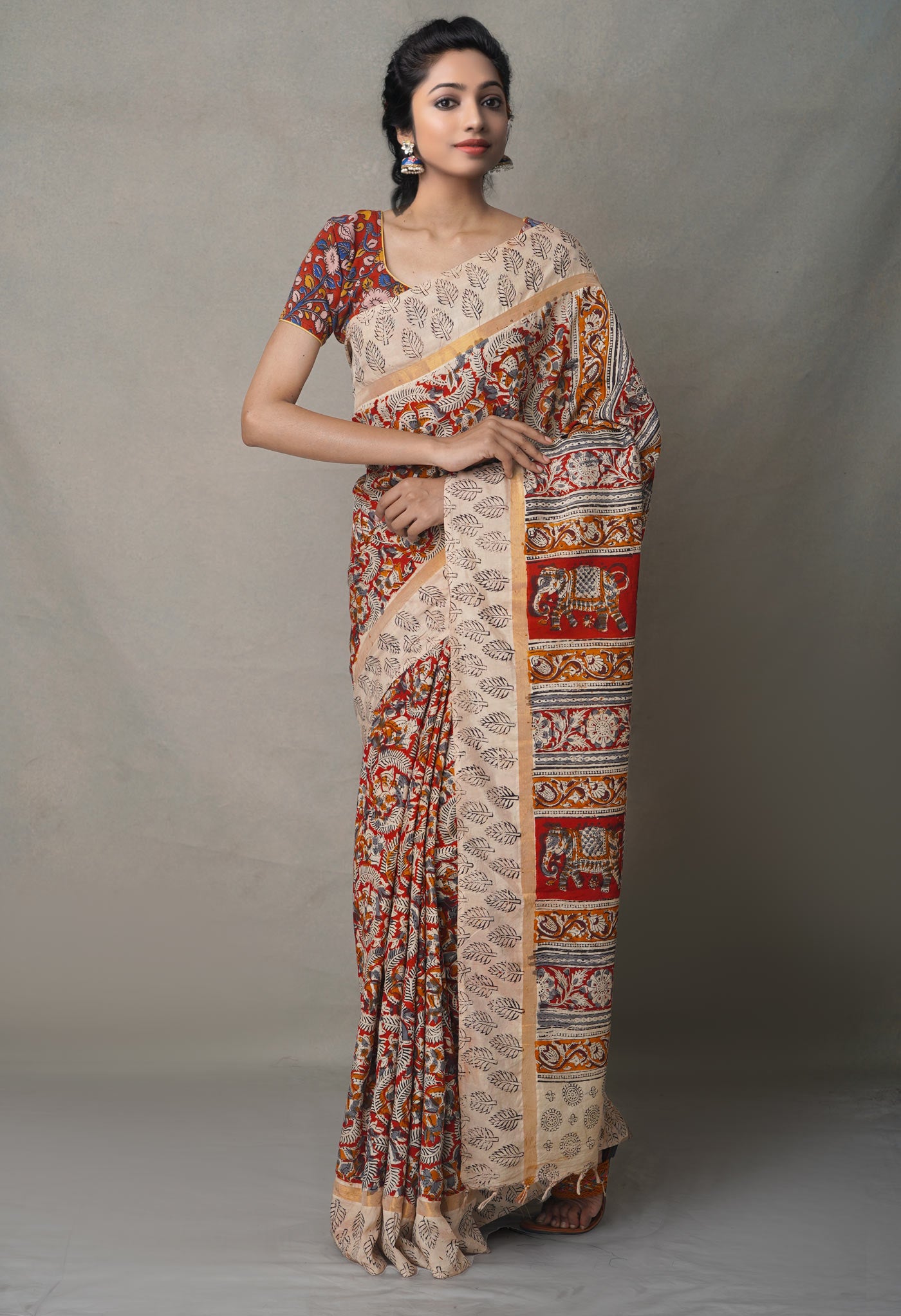 Multi Pure Kalamkari Block Printed  Silk Saree
