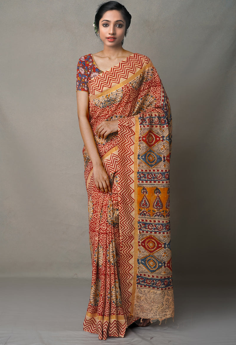 Multi Pure Kalamkari Block Printed  Silk Saree