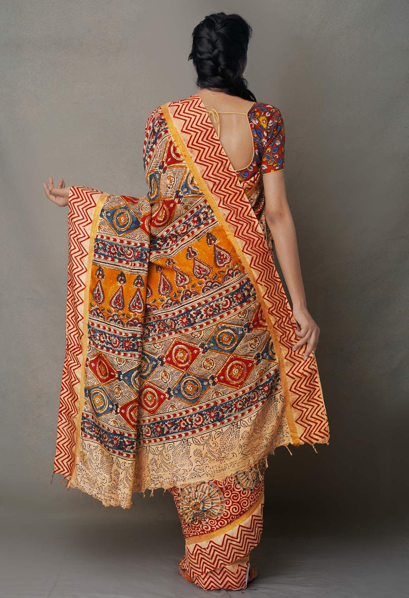 Multi Pure Kalamkari Block Printed  Silk Saree
