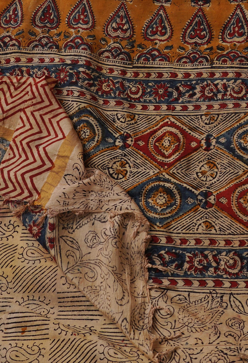 Multi Pure Kalamkari Block Printed  Silk Saree