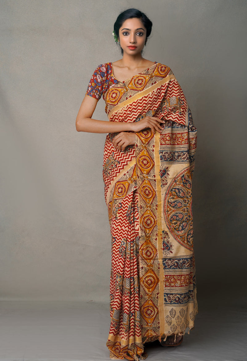 Multi Pure Kalamkari Block Printed  Silk Saree