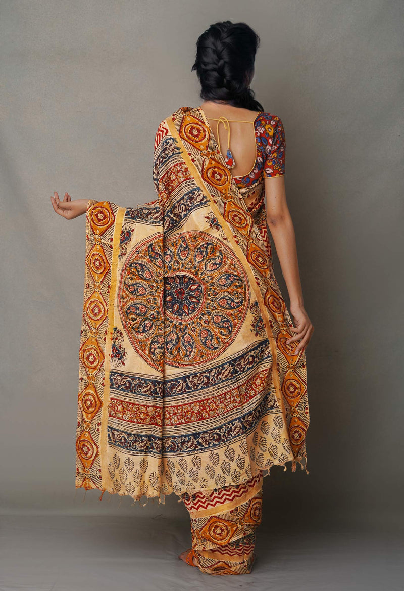 Multi Pure Kalamkari Block Printed  Silk Saree