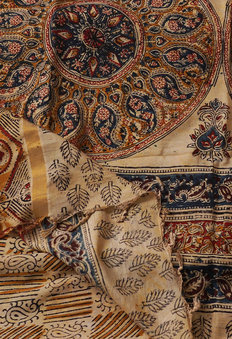 Multi Pure Kalamkari Block Printed  Silk Saree