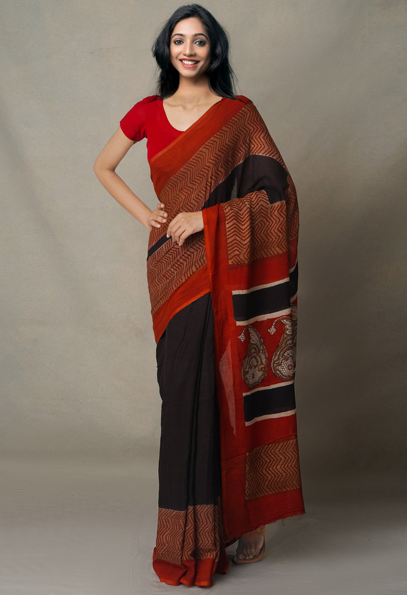 Black Pure Preet Bagru Mulmul Cotton Saree-UNM65084