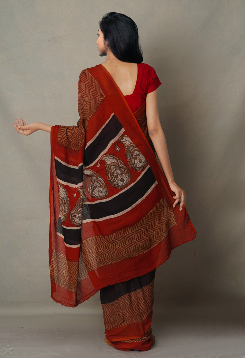 Black Pure Preet Bagru Mulmul Cotton Saree-UNM65084
