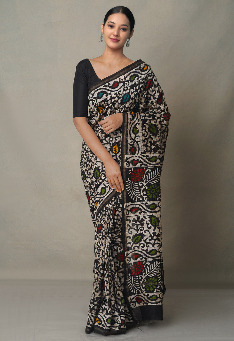 Navy Blue Pure Batik Cotton Saree-UNM65094