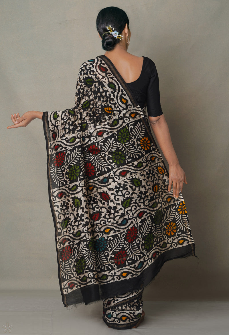 Navy Blue Pure Batik Cotton Saree-UNM65094