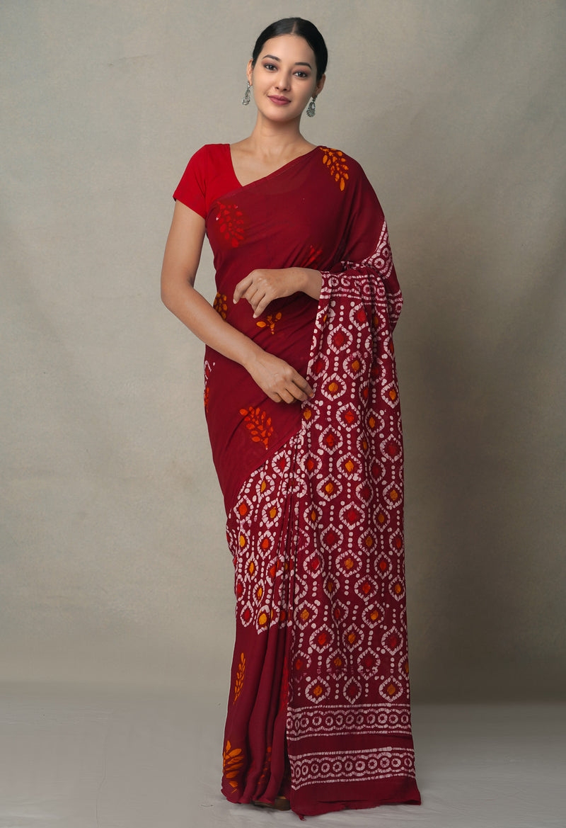 Maroon Pure Batik Cotton Saree-UNM65095