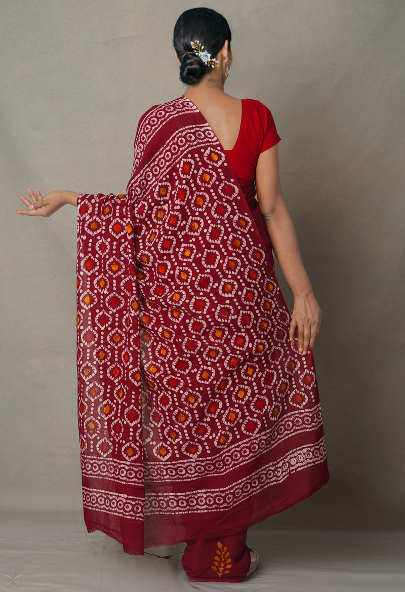 Maroon Pure Batik Cotton Saree-UNM65095