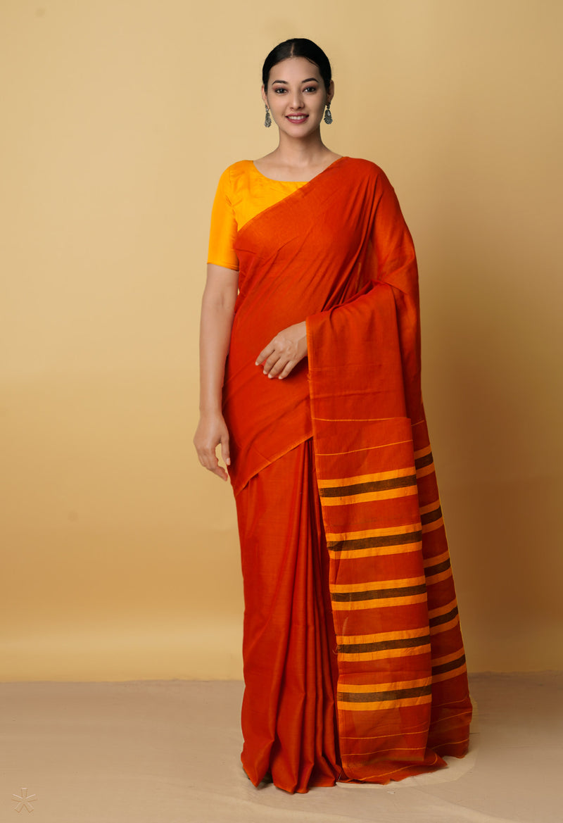Red-Orange Pure Handloom Pavani Narayanpet Cotton Saree-UNM65098