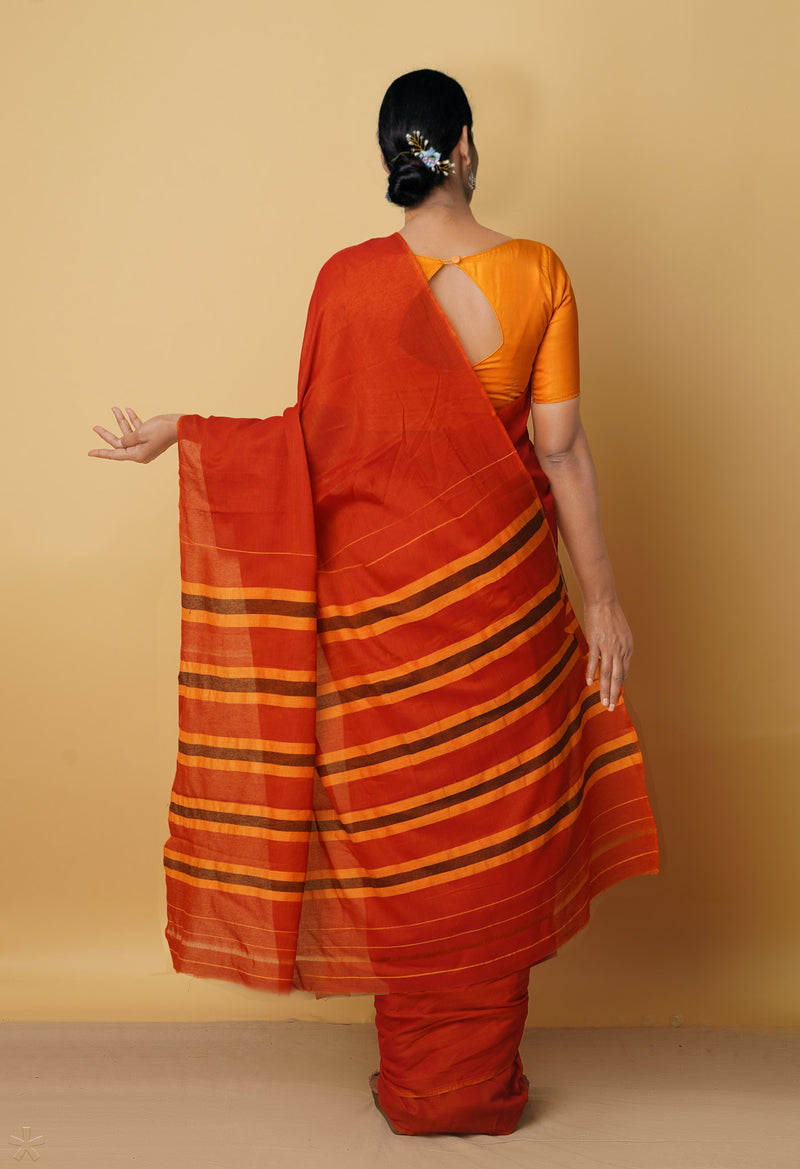Red-Orange Pure Handloom Pavani Narayanpet Cotton Saree-UNM65098