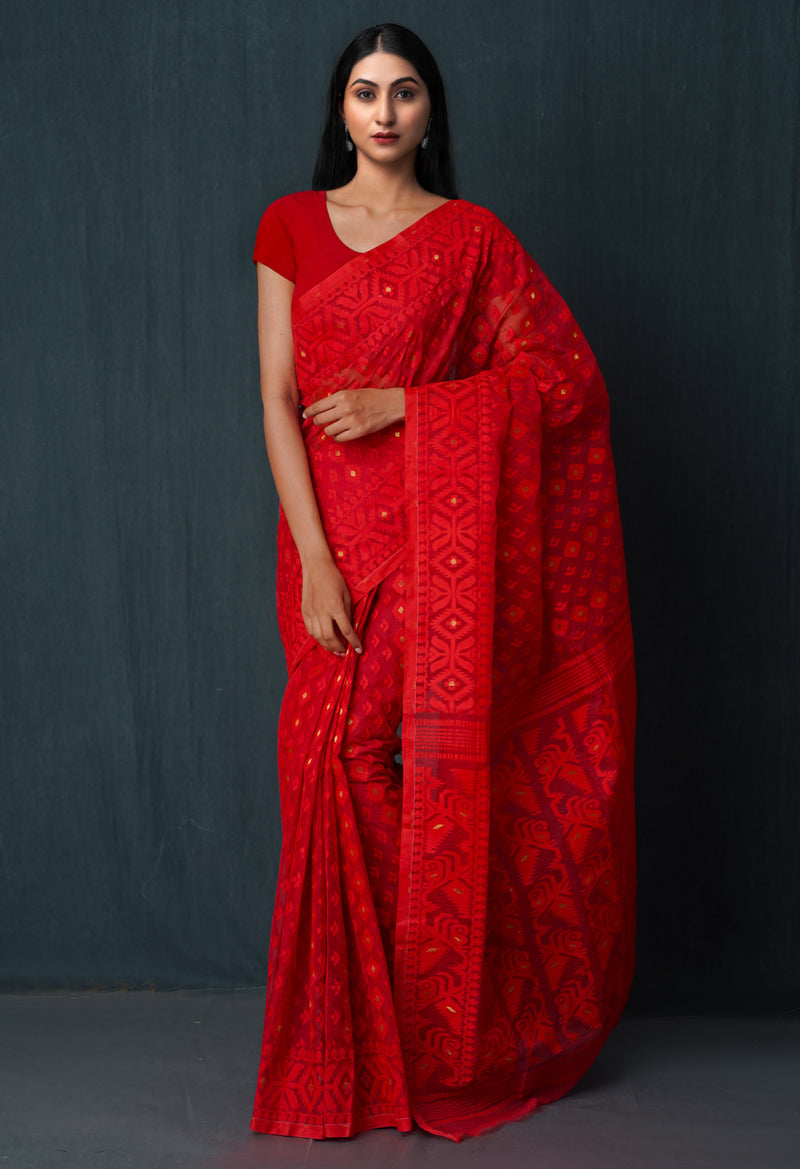 Red Pure Handloom Dhakai Jamdhani Cotton Saree-UNM65151