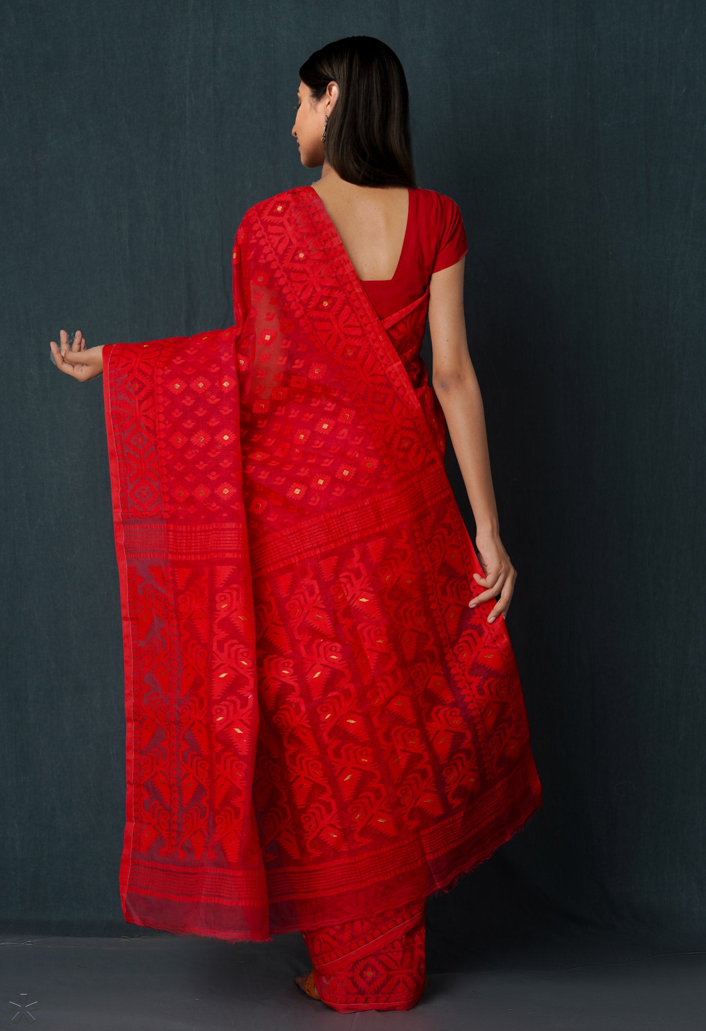 Red Pure Handloom Dhakai Jamdhani Cotton Saree-UNM65151