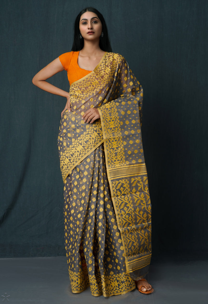 Grey Pure Handloom Dhakai Jamdhani Cotton Saree-UNM65152