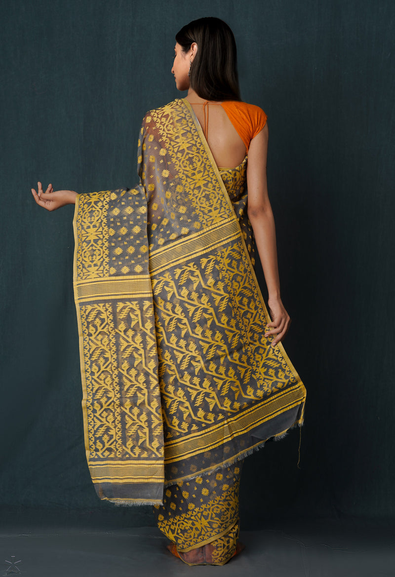 Grey Pure Handloom Dhakai Jamdhani Cotton Saree-UNM65152