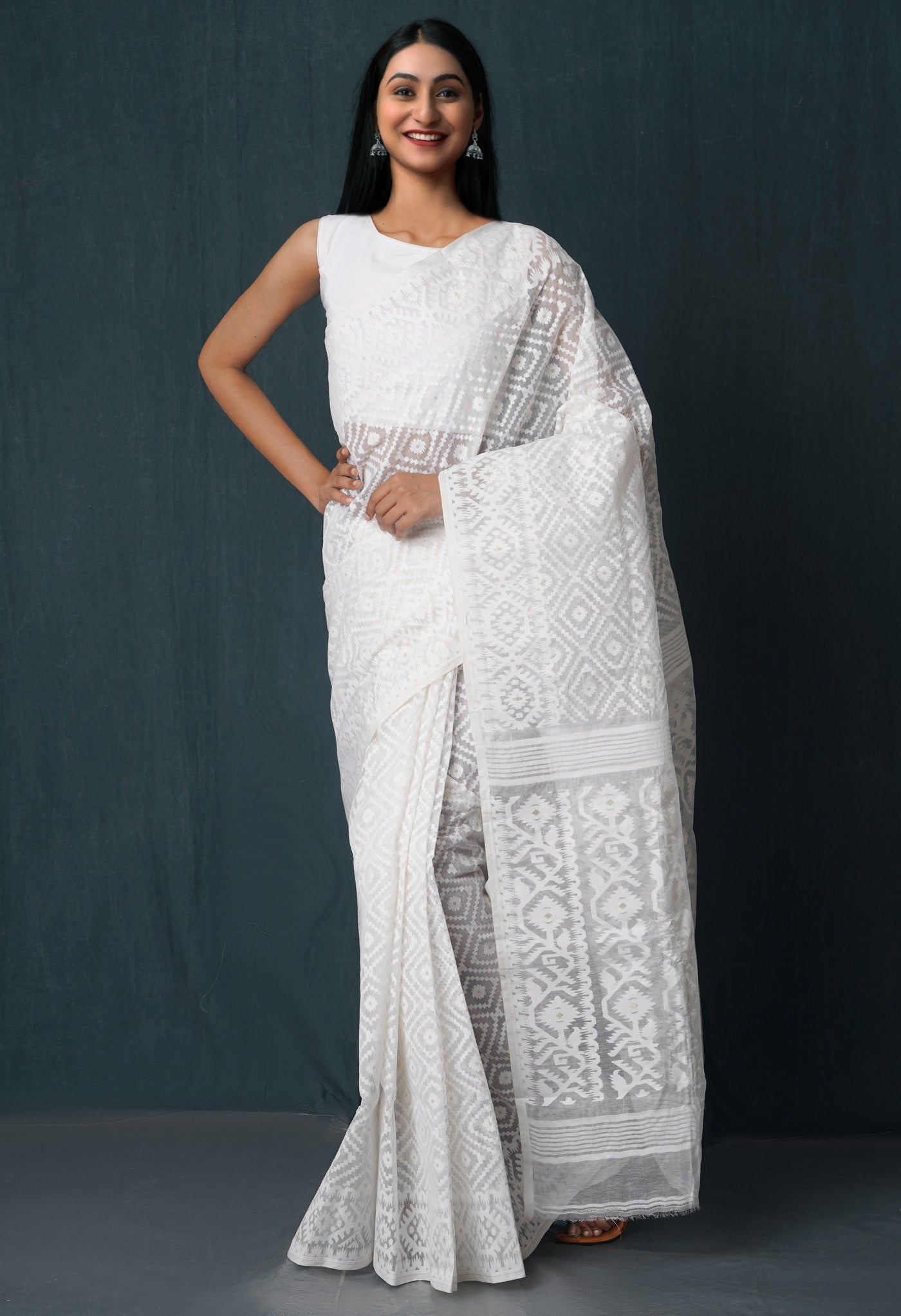 White Pure Handloom Dhakai Jamdhani Cotton Saree-UNM65153