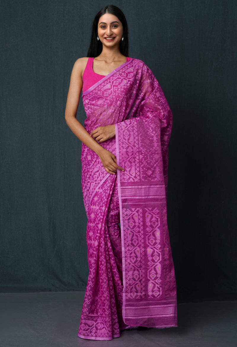 Purple Pure Handloom Dhakai Jamdhani Cotton Saree-UNM65154