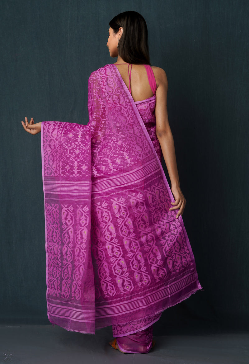 Purple Pure Handloom Dhakai Jamdhani Cotton Saree-UNM65154