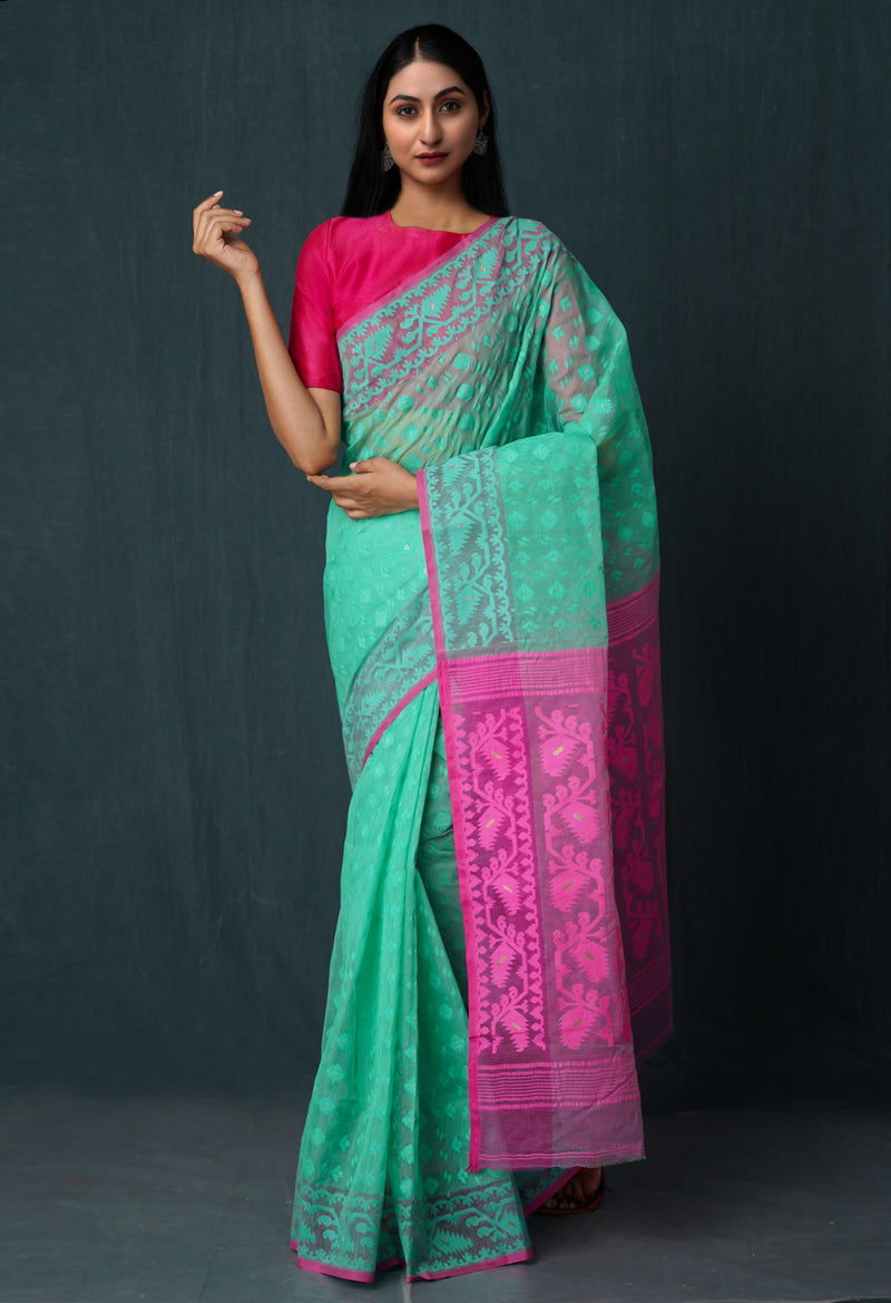 Green Pure Handloom Dhakai Jamdhani Cotton Saree-UNM65156