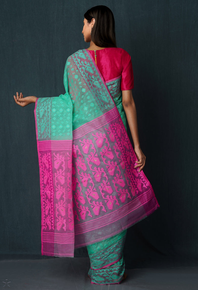 Green Pure Handloom Dhakai Jamdhani Cotton Saree-UNM65156