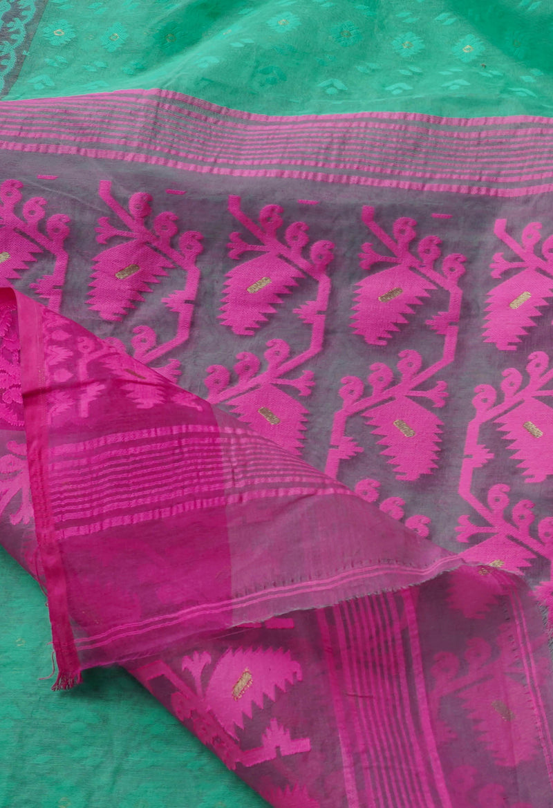 Green Pure Handloom Dhakai Jamdhani Cotton Saree-UNM65156