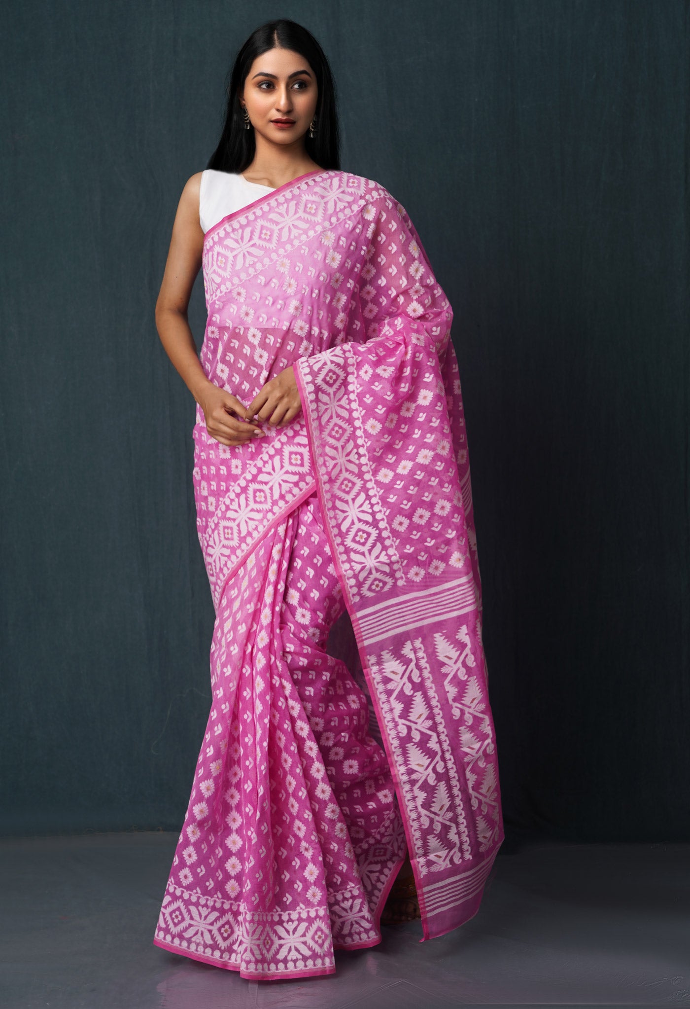 Pink Pure Handloom Dhakai Jamdhani Cotton Saree-UNM65157