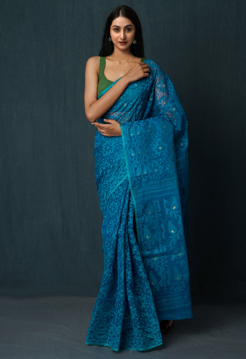 Green Pure Handloom Dhakai Jamdhani Cotton Saree-UNM65158