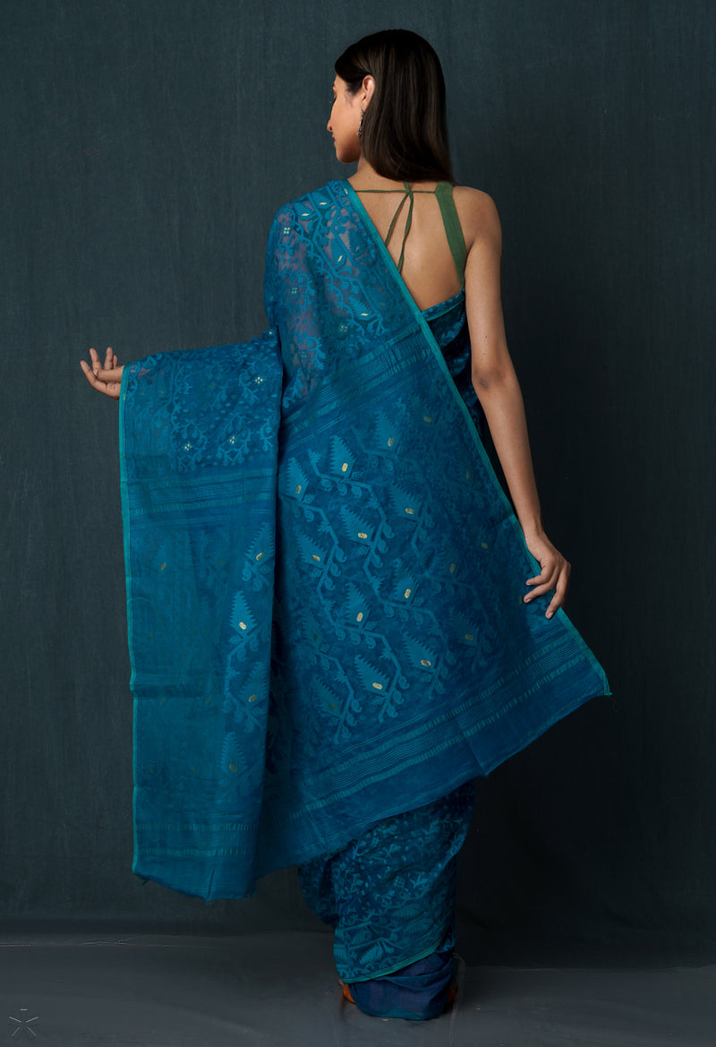 Green Pure Handloom Dhakai Jamdhani Cotton Saree-UNM65158