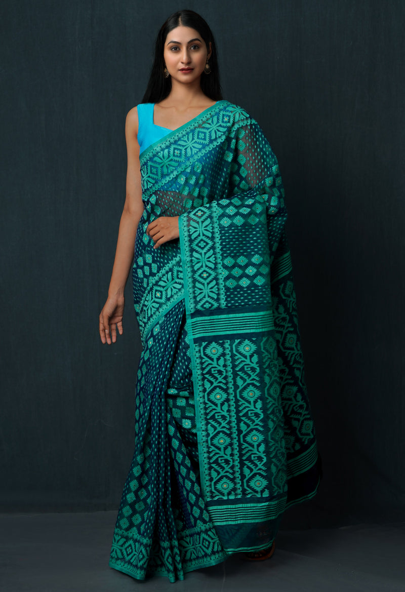 Green Pure Handloom Dhakai Jamdhani Cotton Saree-UNM65159