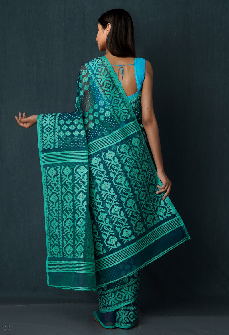 Green Pure Handloom Dhakai Jamdhani Cotton Saree-UNM65159