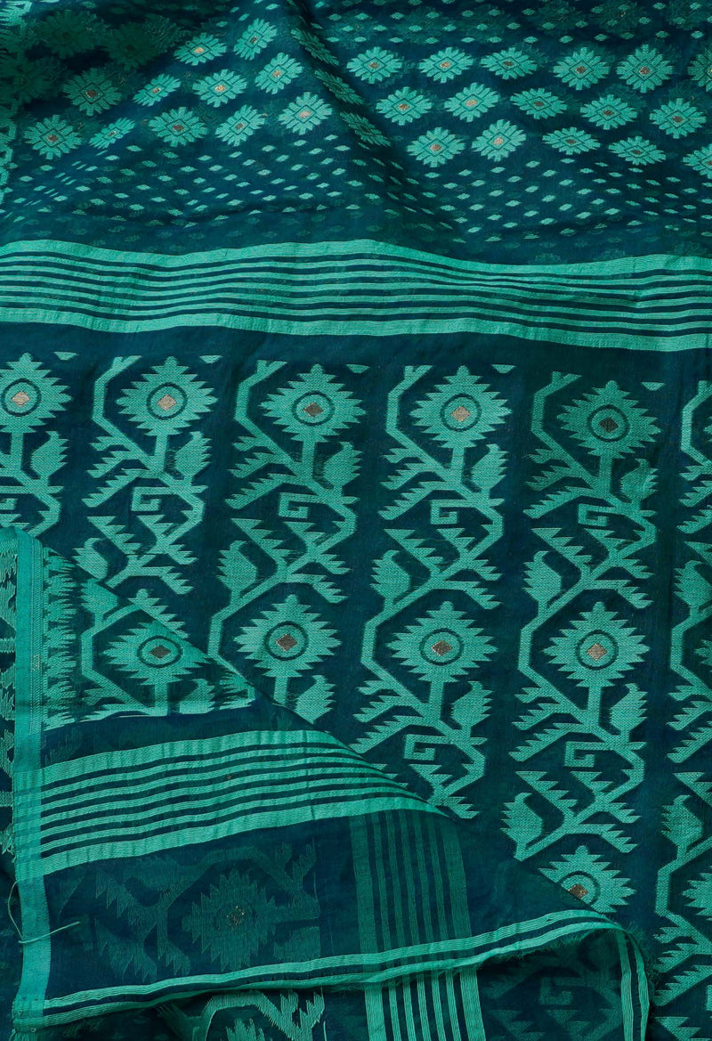 Green Pure Handloom Dhakai Jamdhani Cotton Saree-UNM65159