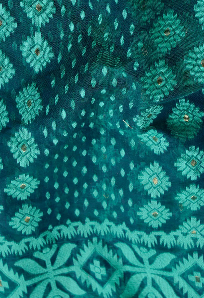 Green Pure Handloom Dhakai Jamdhani Cotton Saree-UNM65159