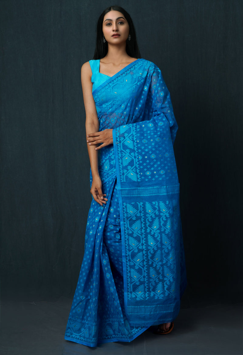 Blue Pure Handloom Dhakai Jamdhani Cotton Saree-UNM65160