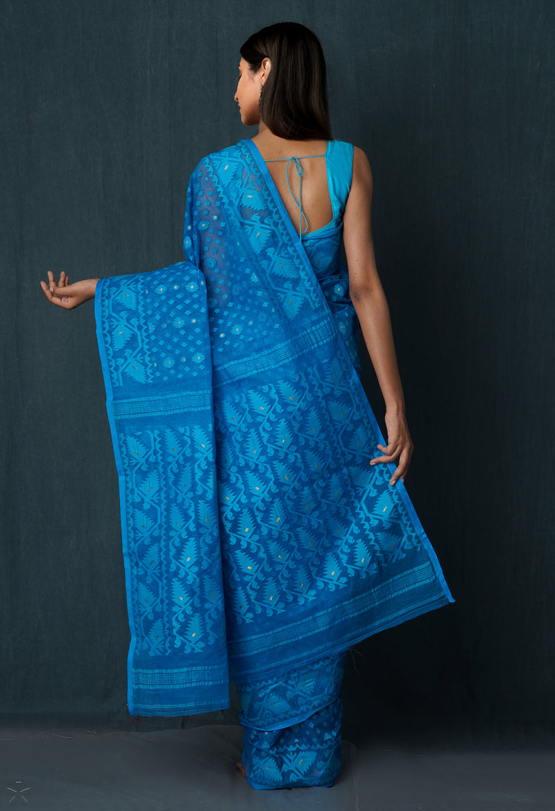 Blue Pure Handloom Dhakai Jamdhani Cotton Saree-UNM65160
